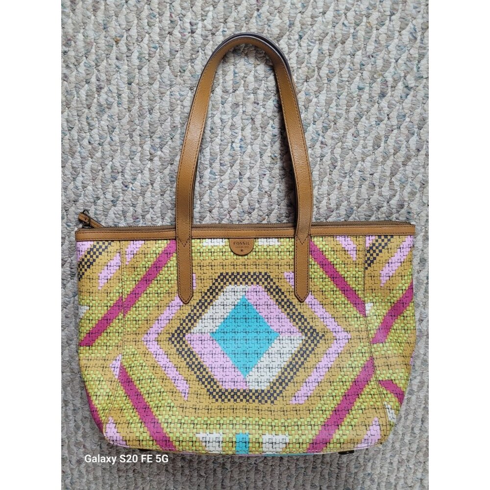 Fossil Sydney Bright Geometric Printed Canvas Leather Tote Bag